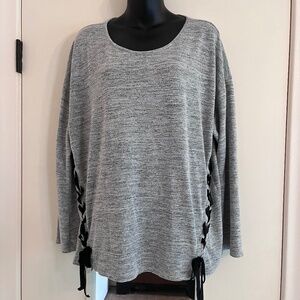 INC Gray Marled Long~Sleeve Top with Black Velvet Lace-Up Side Ribbons